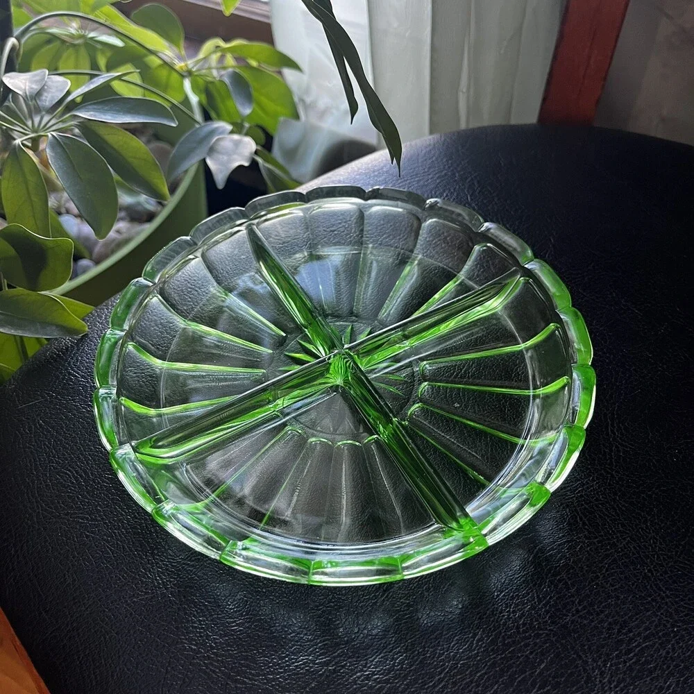 VTG 30s Uranium Green Depression Glass Divided Relish Dish Tray 7.25